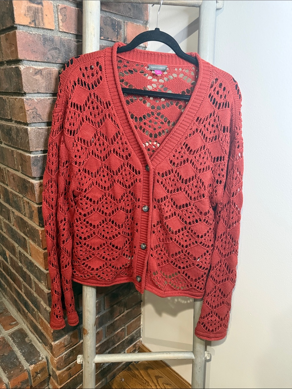 Vince Camuto Crochet Open Knit Cardigan Red Coral Women’s L